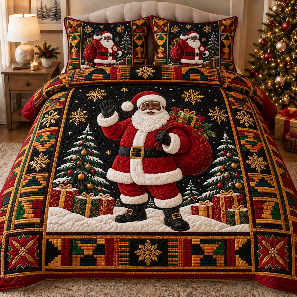 Afrocentric Black Santa 3-Piece Quilted Bedding Set SN0HH0788
