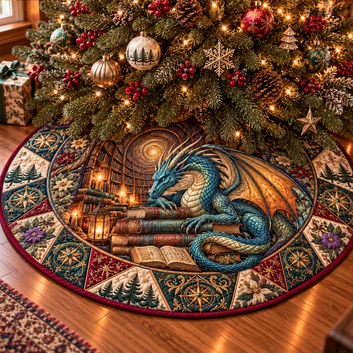 Aqua Ember Dragon Christmas Quilted Tree Skirt SN0PT1505