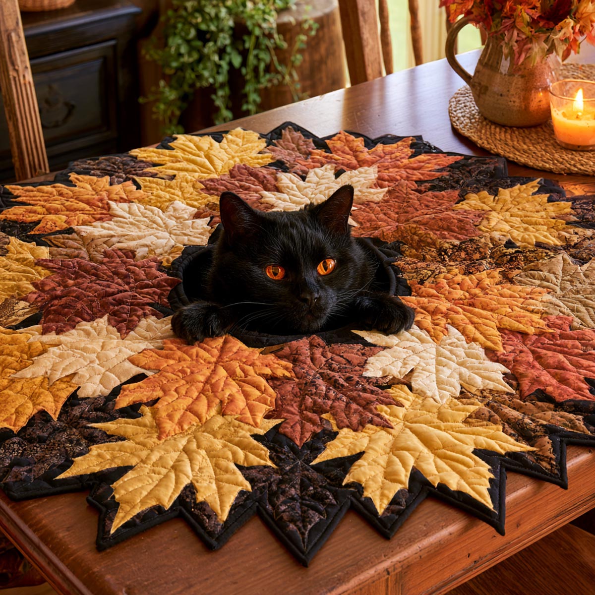Autumn Leaf Cat Custom Shape Quilted Table Topper SN0DV222