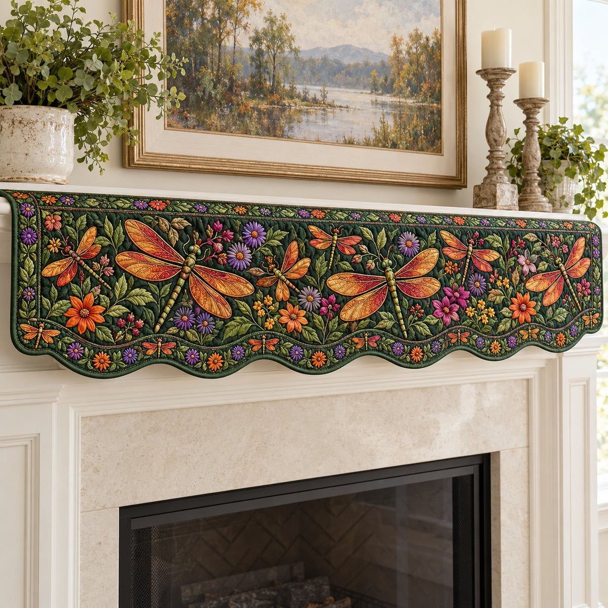 Autumn Orange Dragonflies Quilted Mantel Scarf SN0TV968