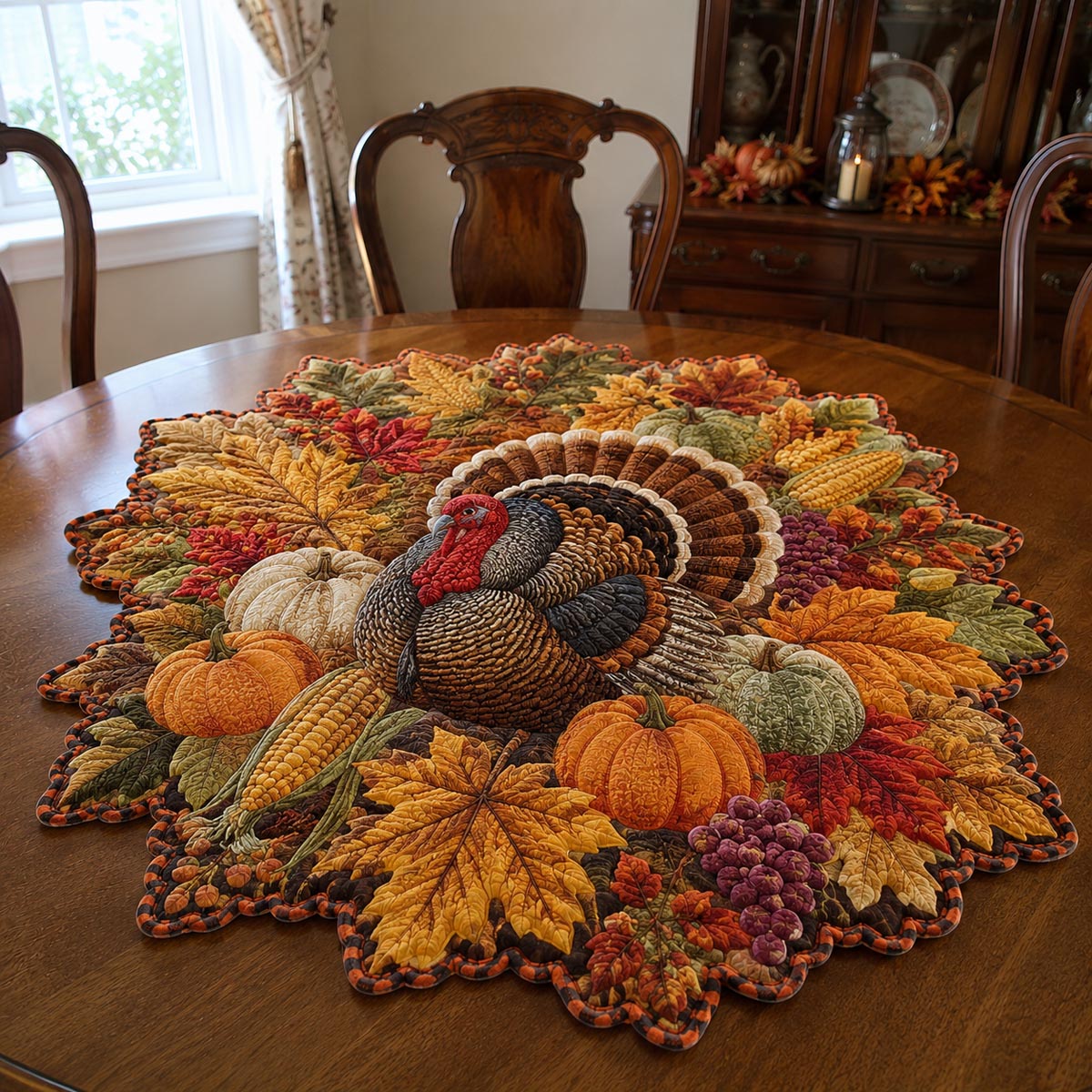Autumn Turkey Gathering Custom Shape Quilted Table Topper SN0DV251