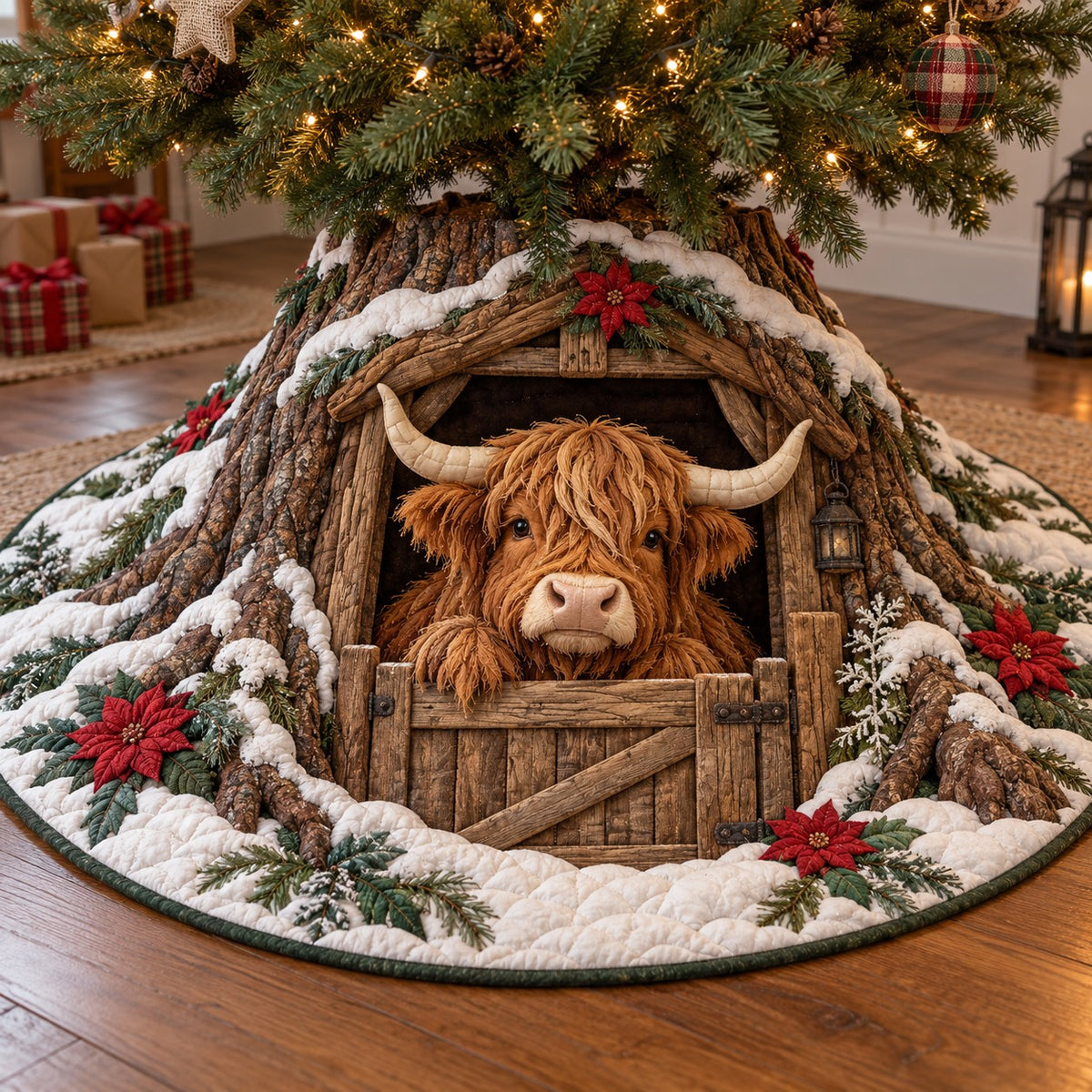 Barn Door Highland Cow Christmas Quilted Tree Skirt SN0TV1072