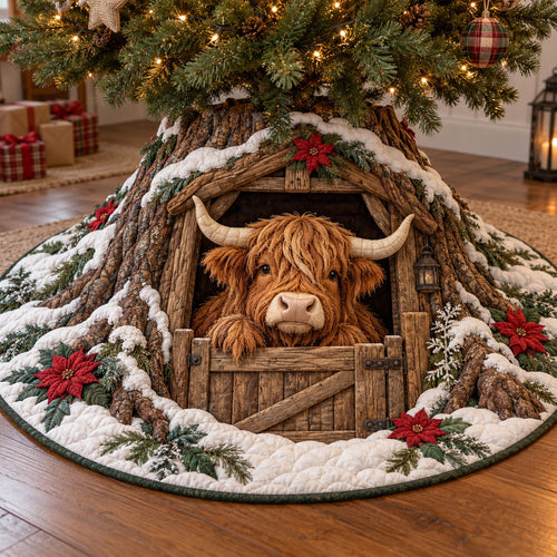 Barn Door Highland Cow Christmas Quilted Tree Skirt SN0TV1072