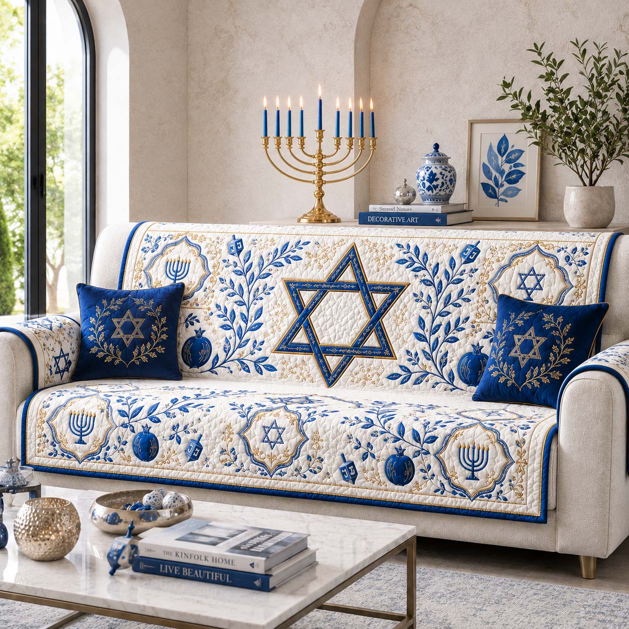 Baroque Menorah Crest Quilted Sofa Cover SN0HH0199