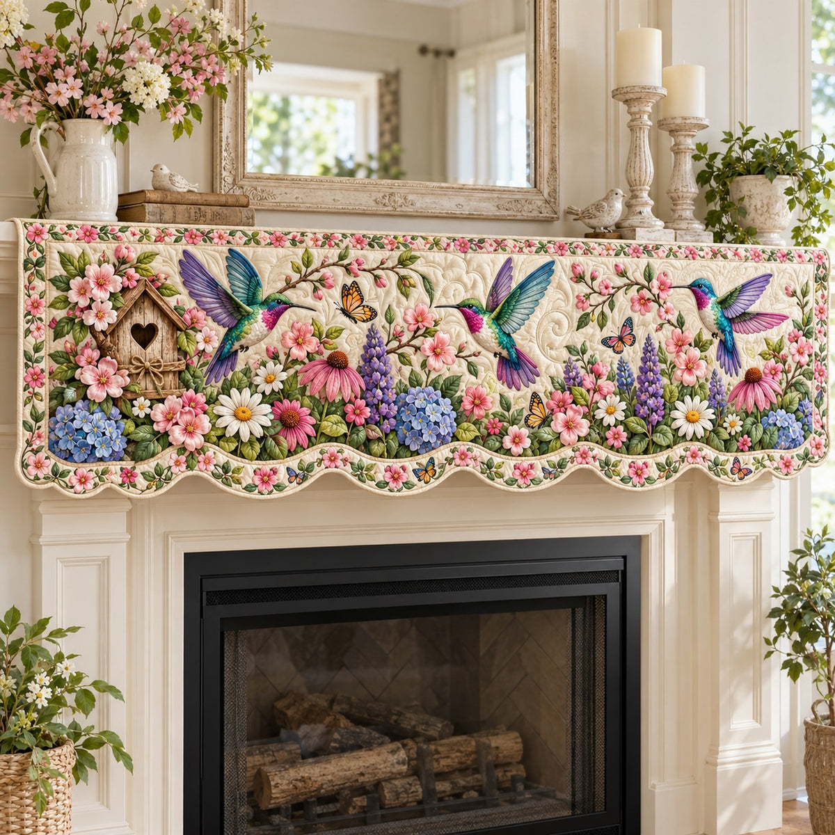 Birdhouse Garden Hummers Quilted Mantel Scarf SN0TV944