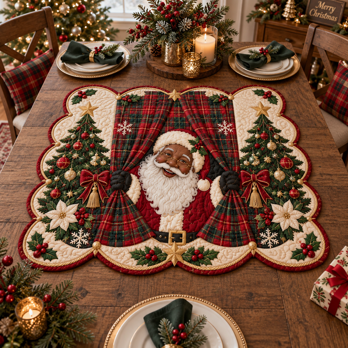 Black Santa Plaid Cheer Custom Shape Quilted Table Topper SN0DV602