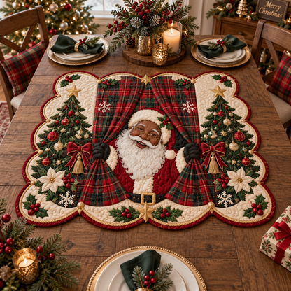 Black Santa Plaid Cheer Custom Shape Quilted Table Topper SN0DV602