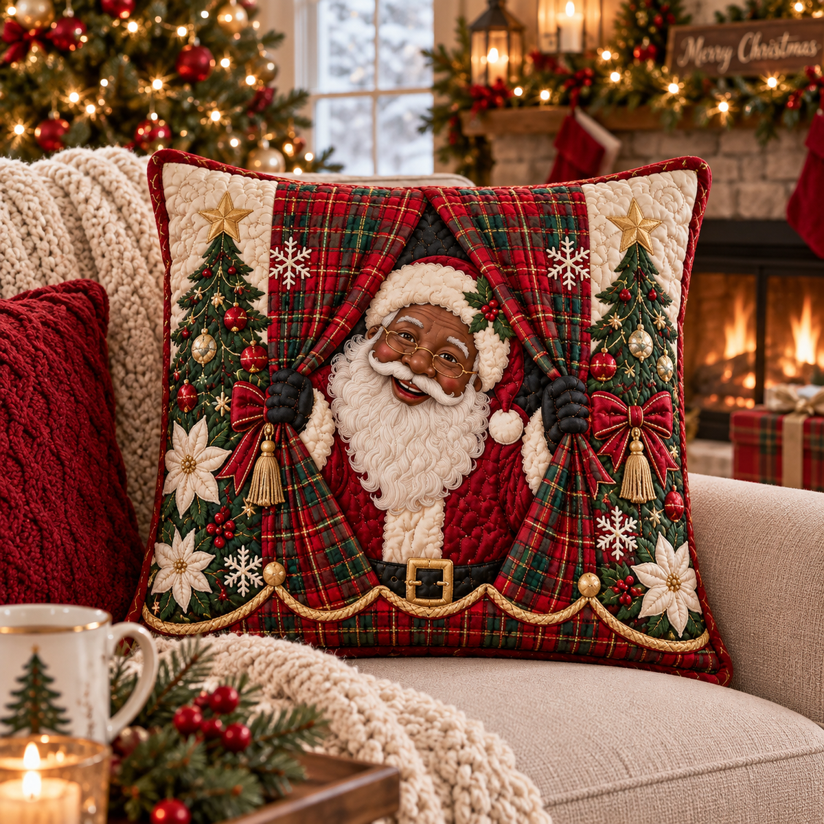 Black Santa Plaid Cheer Quilted Pillow Case SN0DV602