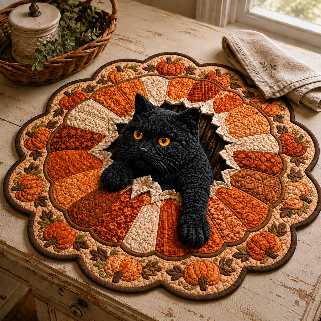 Black Cat Harvest Custom Shape Quilted Table Topper SN0HH0026