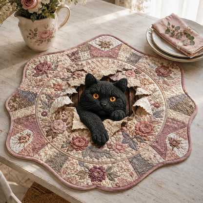 Black Cat Peony Custom Shape Quilted Table Topper SN0HH0028
