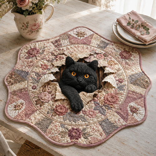 Black Cat Peony Custom Shape Quilted Table Topper SN0HH0028