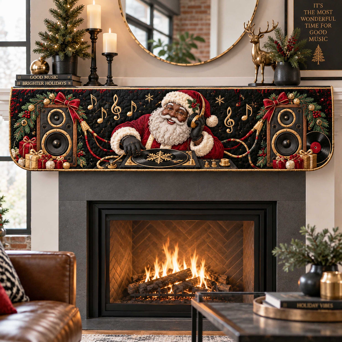 Black Jolly Santa Quilted Mantel Scarf SN0TD571