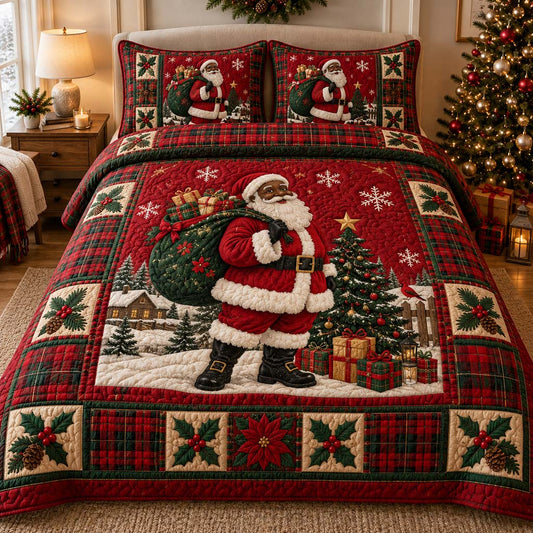 Black Santa Cheer 3-Piece Quilted Bedding Set SN0HH0573