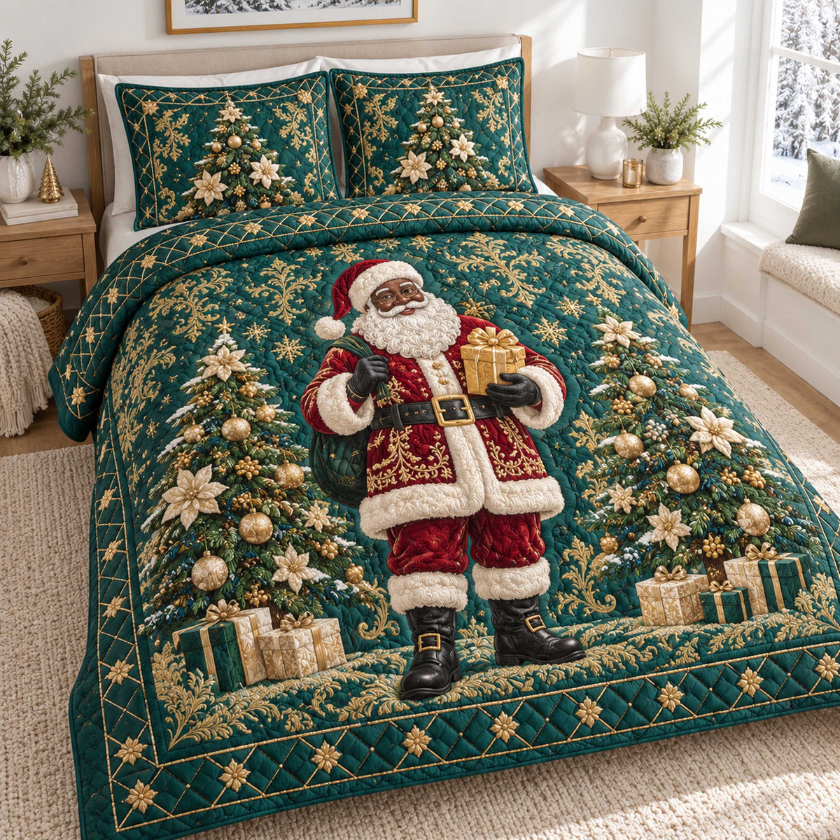 Black Santa Cheer 3-Piece Quilted Bedding Set SN0TD731