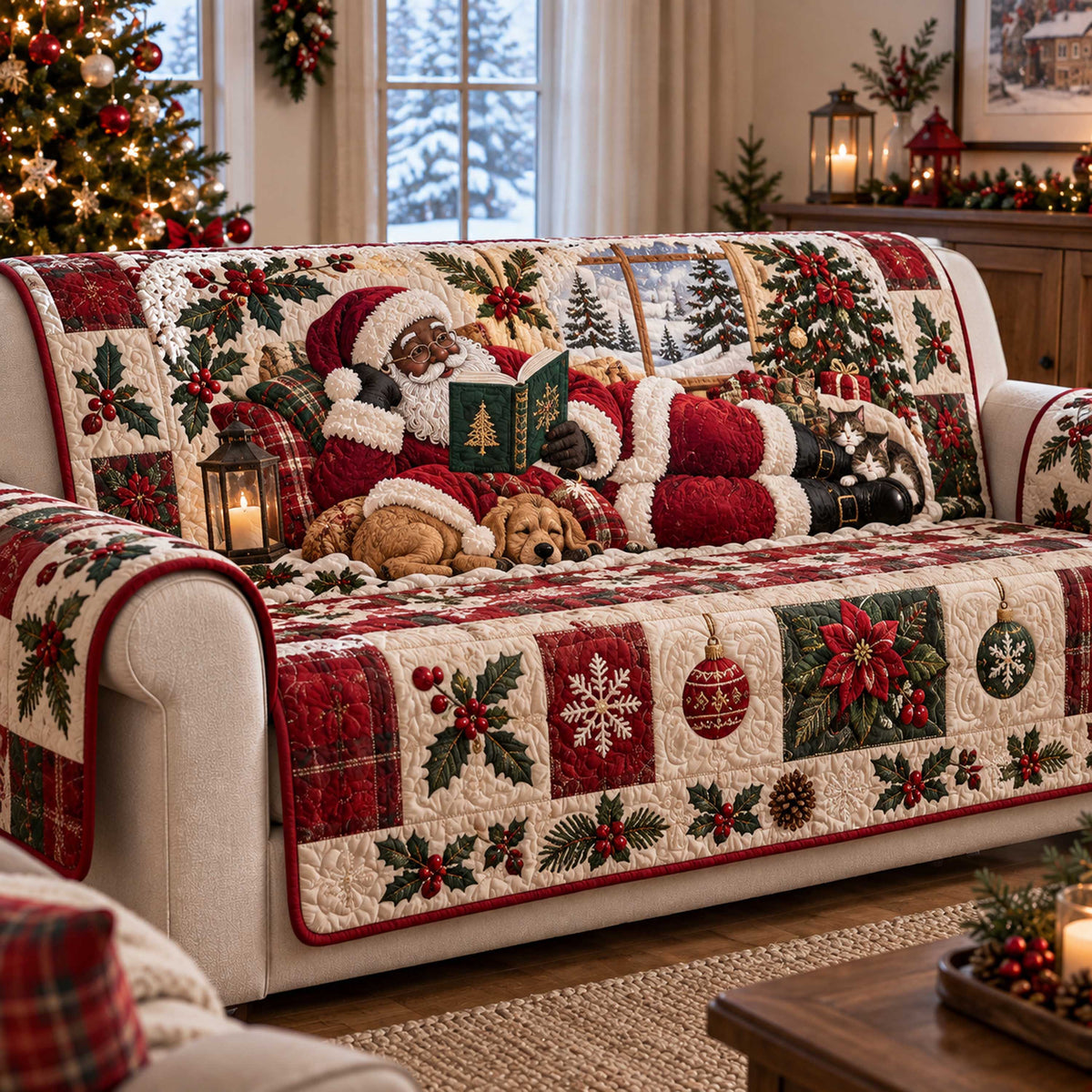 Black Santa Christmas Quilted Sofa Cover SN0TD713