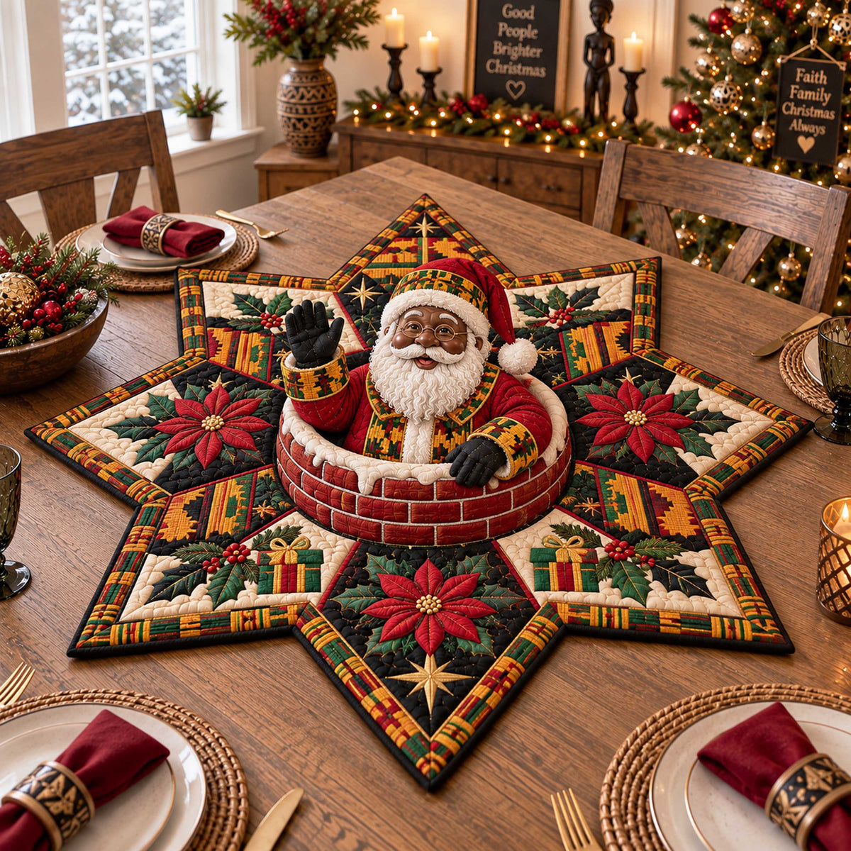Black Santa Custom Shape Quilted Table Topper SN0TD538