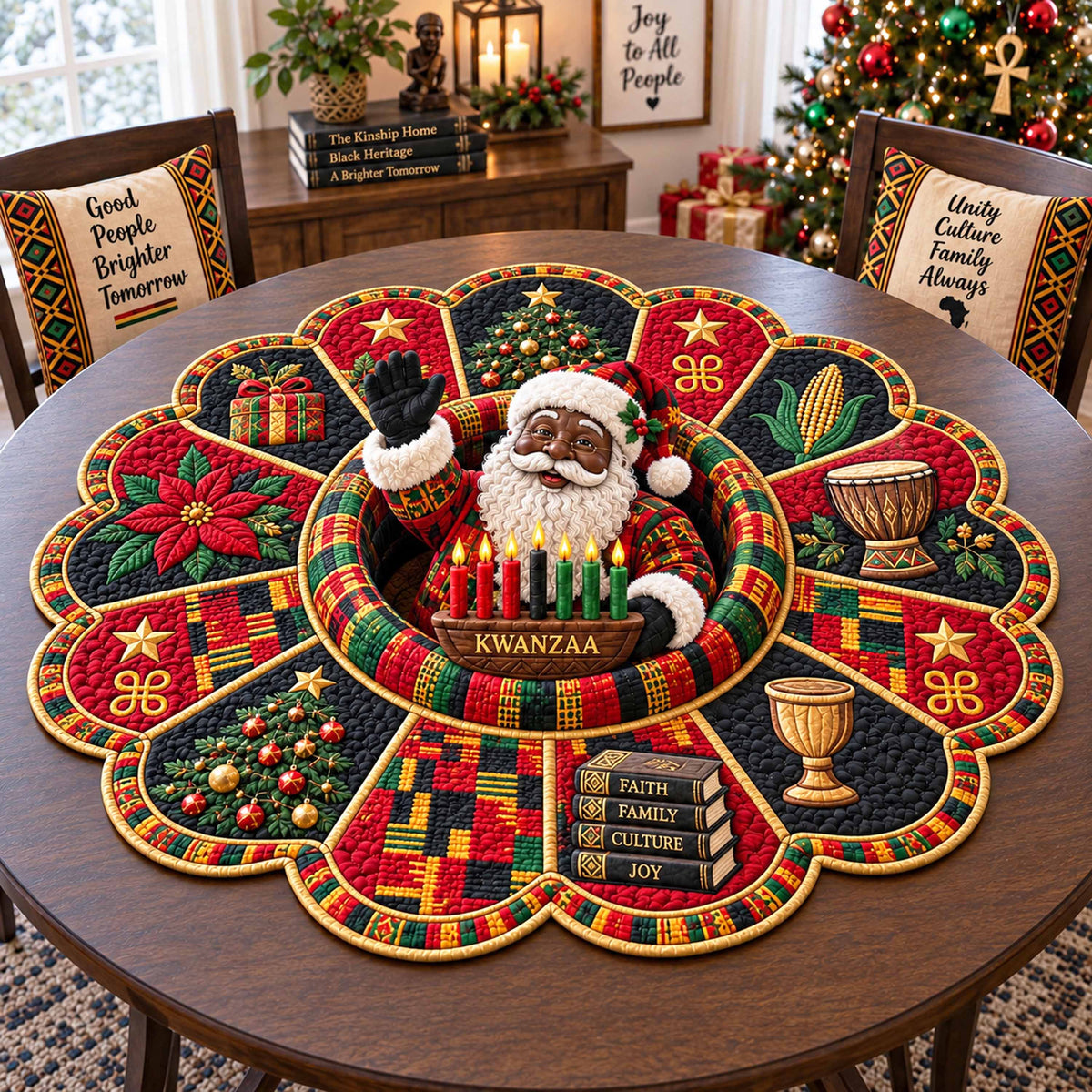 Black Santa Custom Shape Quilted Table Topper SN0TD569