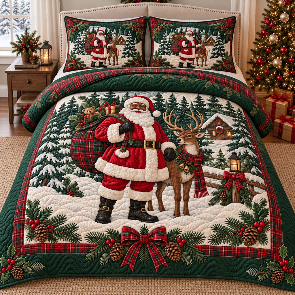 Black Santa Greeting 3-Piece Quilted Bedding Set SN0HH0578