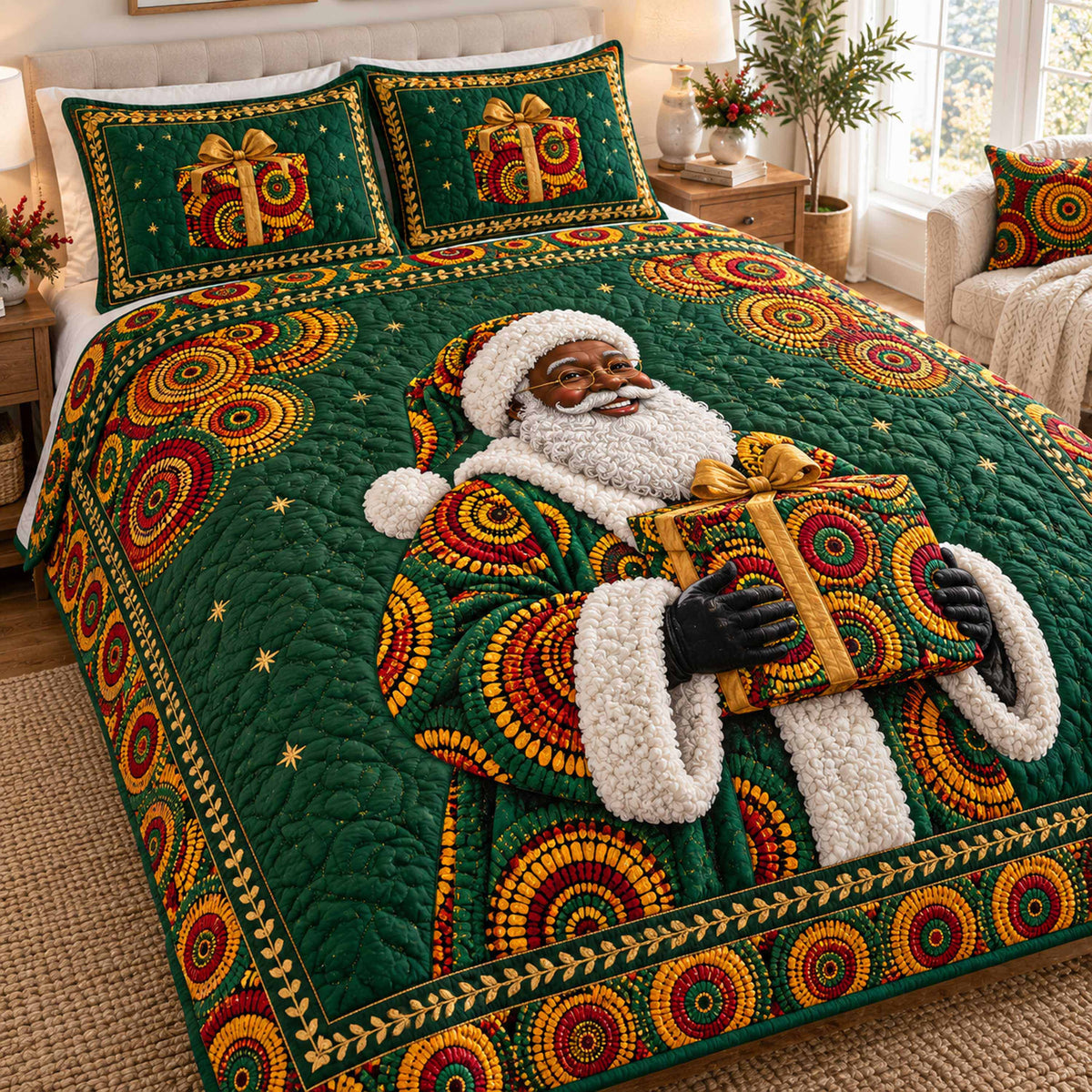 Black Santa Greetings 3-Piece Quilted Bedding Set SN0TD736