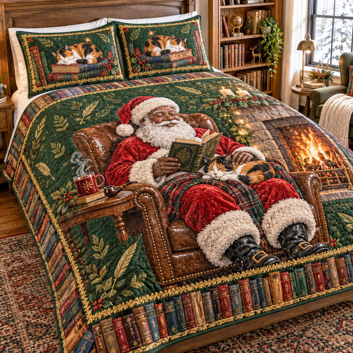 Black Santa Holiday 3-Piece Quilted Bedding Set SN0TD741