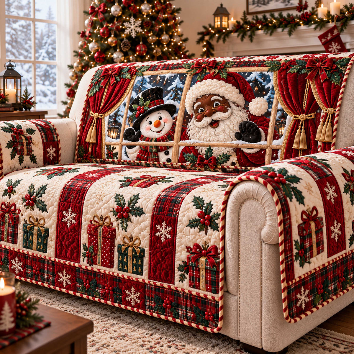 Black Santa Joy Quilted Sofa Cover SN0TD708