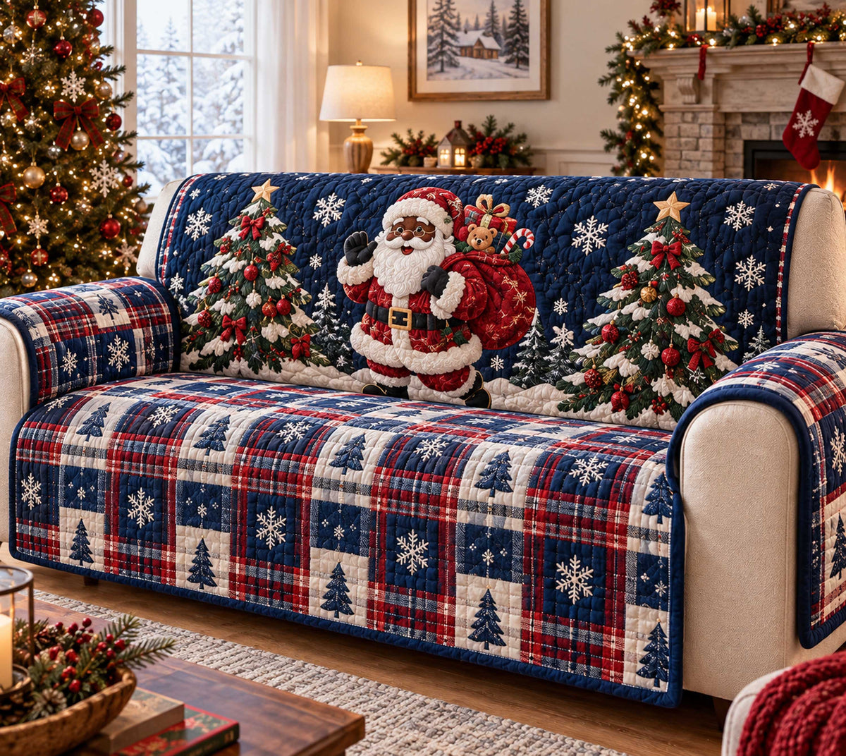 Black Santa Merriment Quilted Sofa Cover SN0TD715
