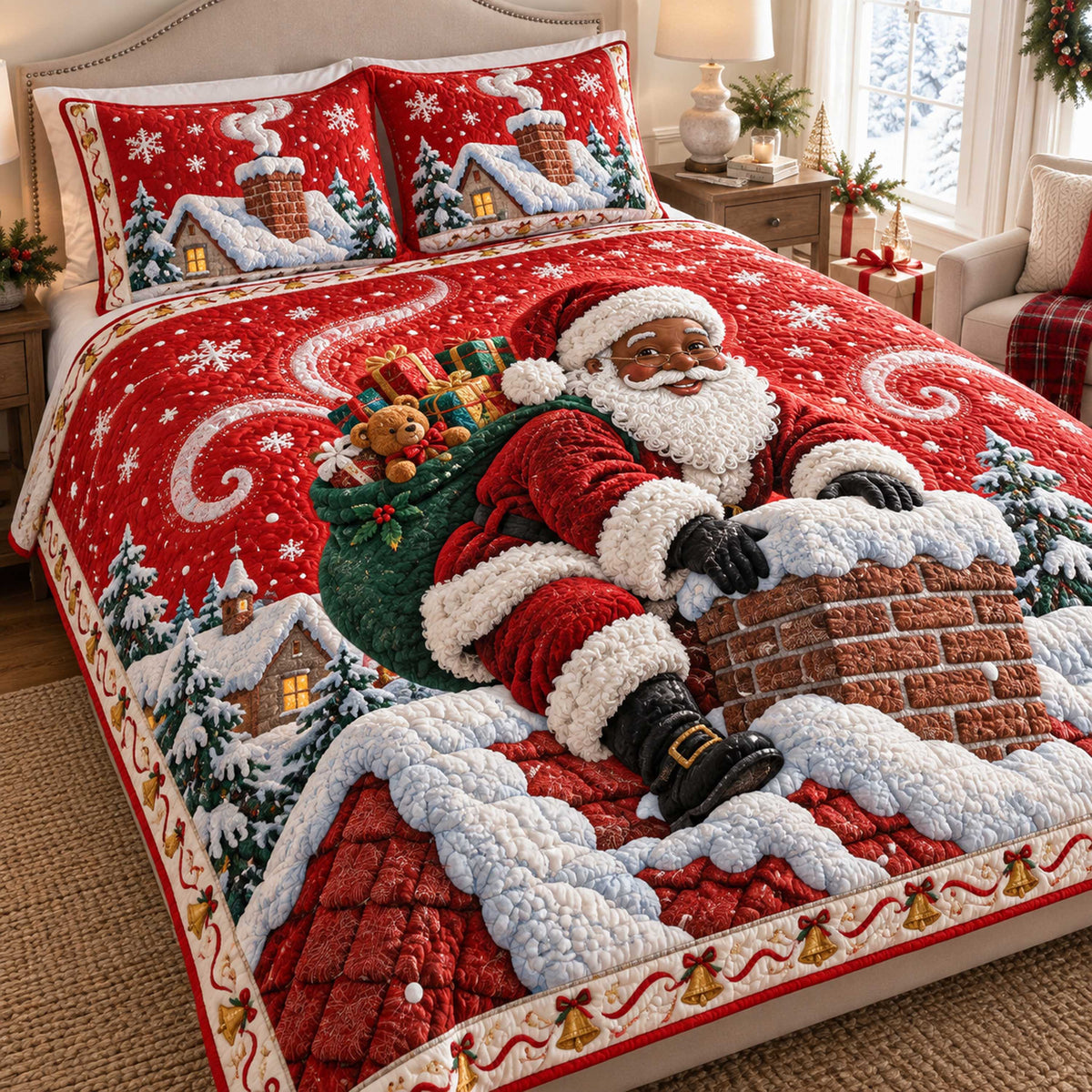 Black Santa 3-Piece Quilted Bedding Set SN0TD730