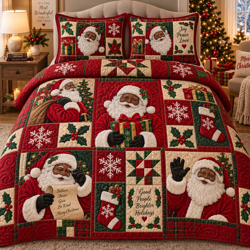 Black Santa Romance 3-Piece Quilted Bedding Set SN0HH0589