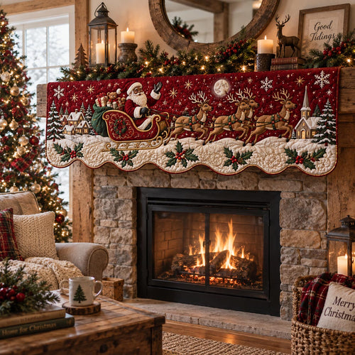 Black Santa Sleigh Ride Quilted Mantel Scarf SN0DV603