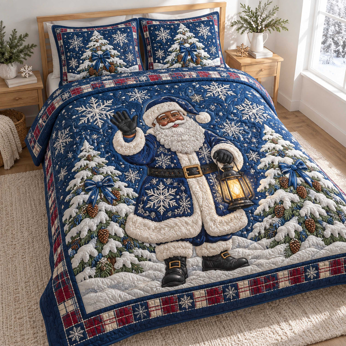 Black Santa Wishes 3-Piece Quilted Bedding Set SN0TD734