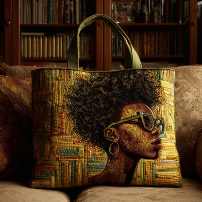 Black Woman Reader Quilted Tote Bag NCU0HH705