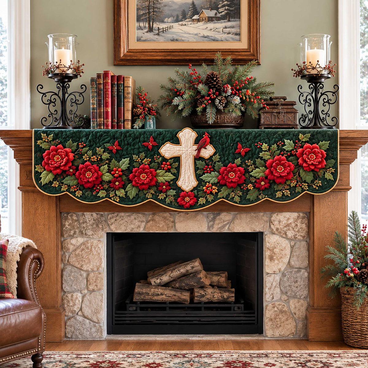 Blessed Cross Quilted Mantel Scarf SN0TD343