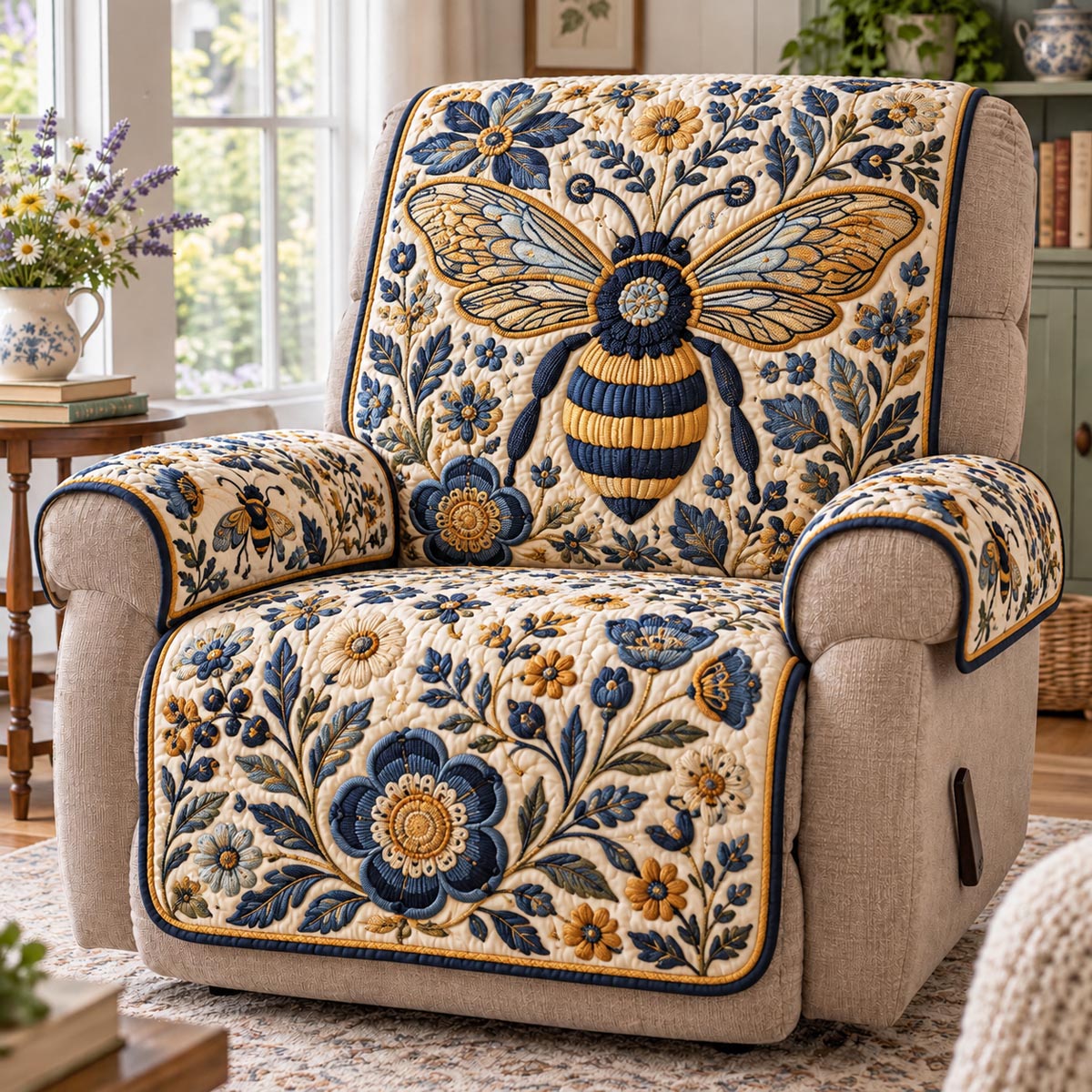Blue Botanical Bee Quilted Sofa Cover SN0DV1041