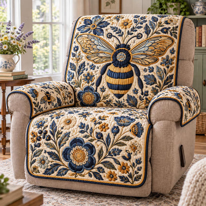 Blue Botanical Bee Quilted Sofa Cover SN0DV1041