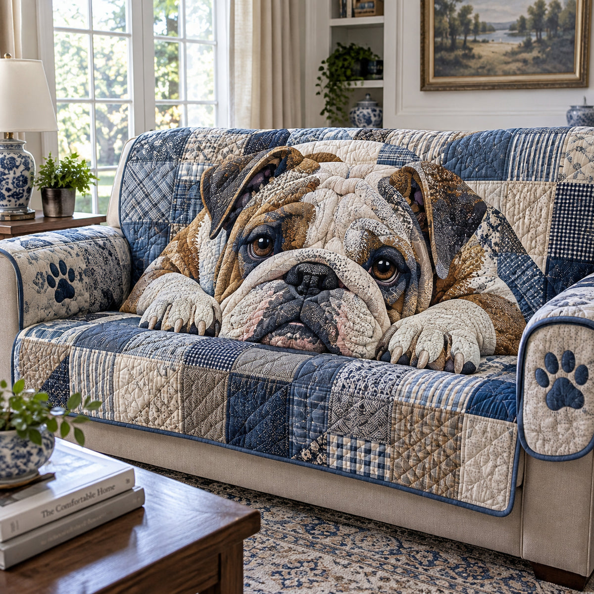 Blue Bulldog Retreat Quilted Sofa Cover SN0DV663