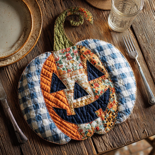 Blue Check Pumpkin Custom Shape Quilted Placemat NCU0LV071