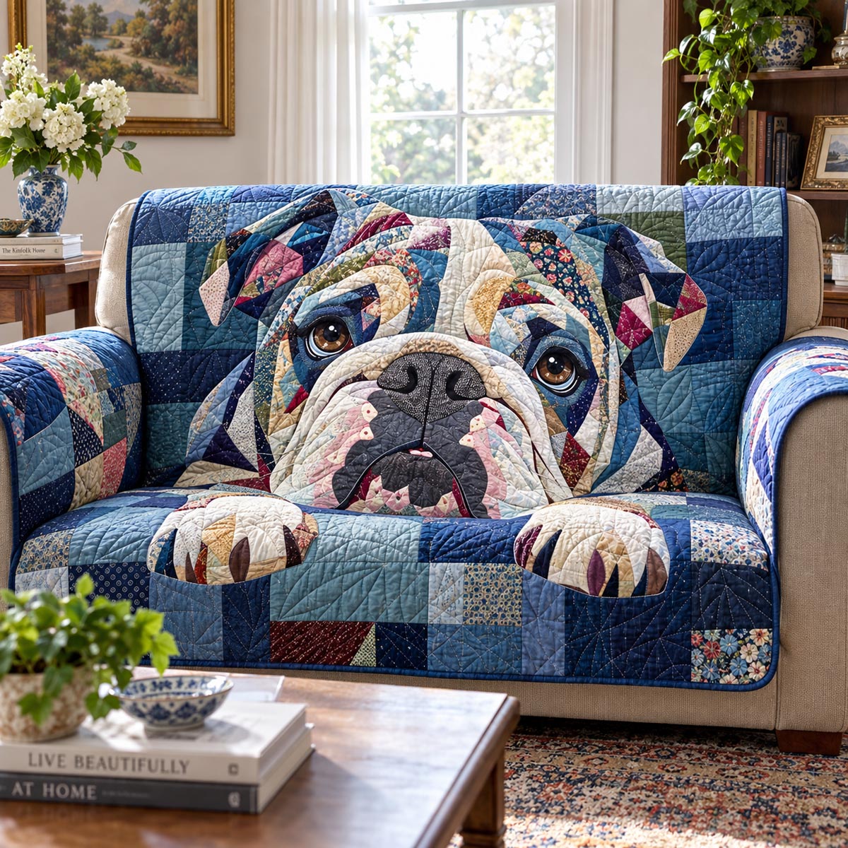 Blue Cozy Bulldog Quilted Sofa Cover SN0DV650