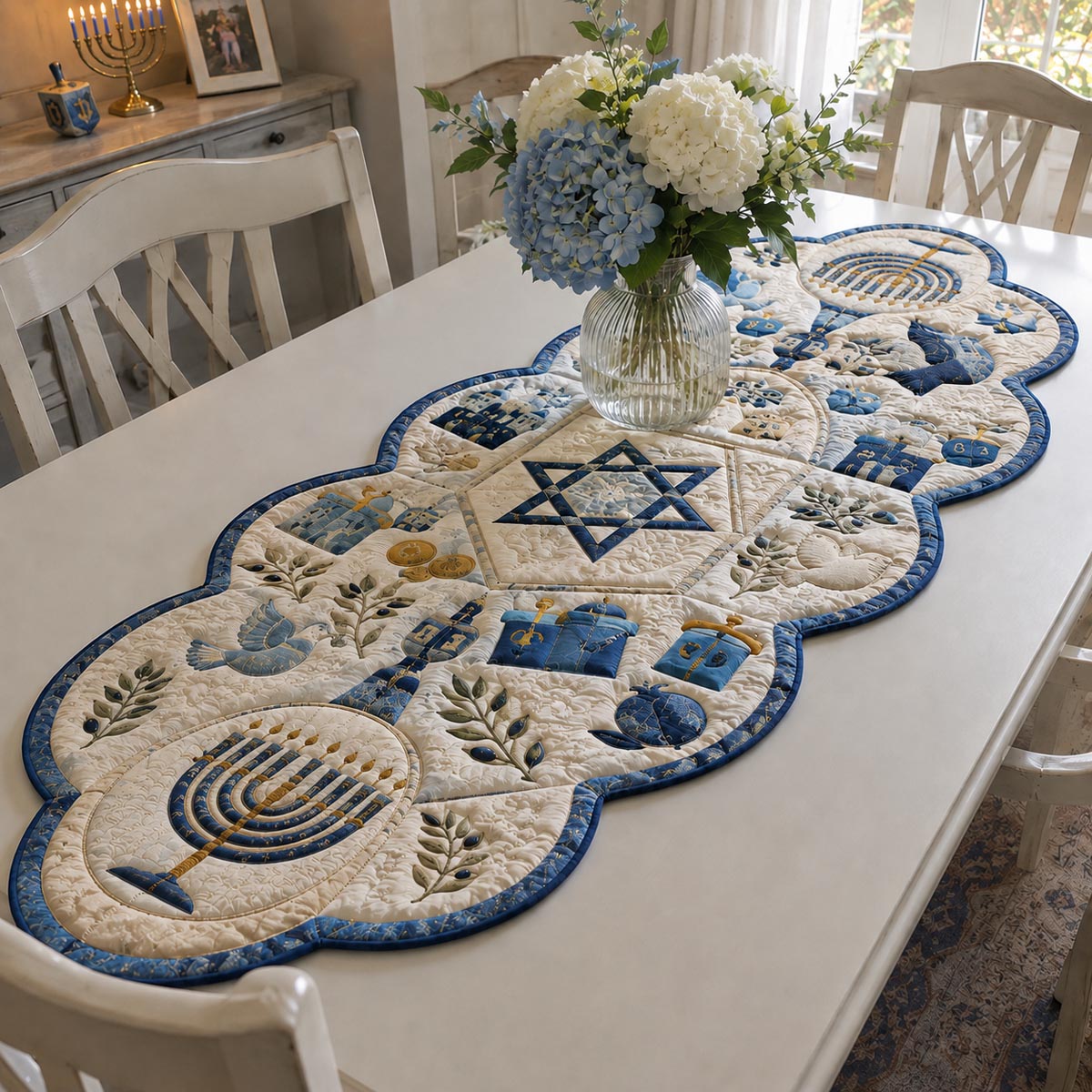 Blue Hanukkah Garden Custom Shape Quilted Table Runner SN0DV385