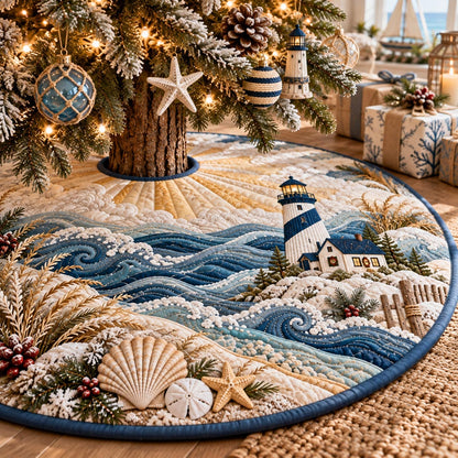 Blue Harbor Lighthouse Christmas Quilted Tree Skirt SN0DV1188