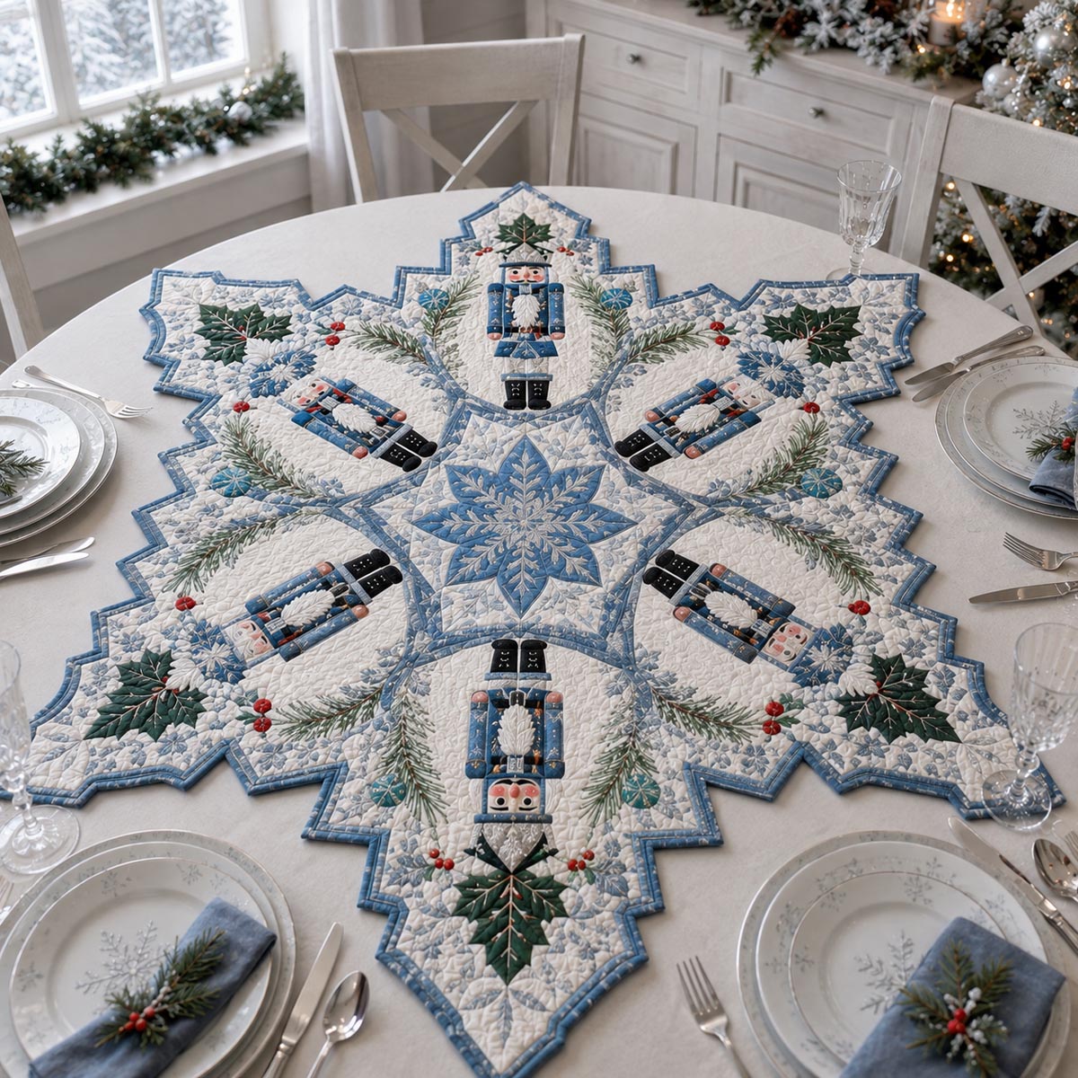 Blue Nutcracker Snowflake Custom Shape Quilted Table Topper SN0DV324