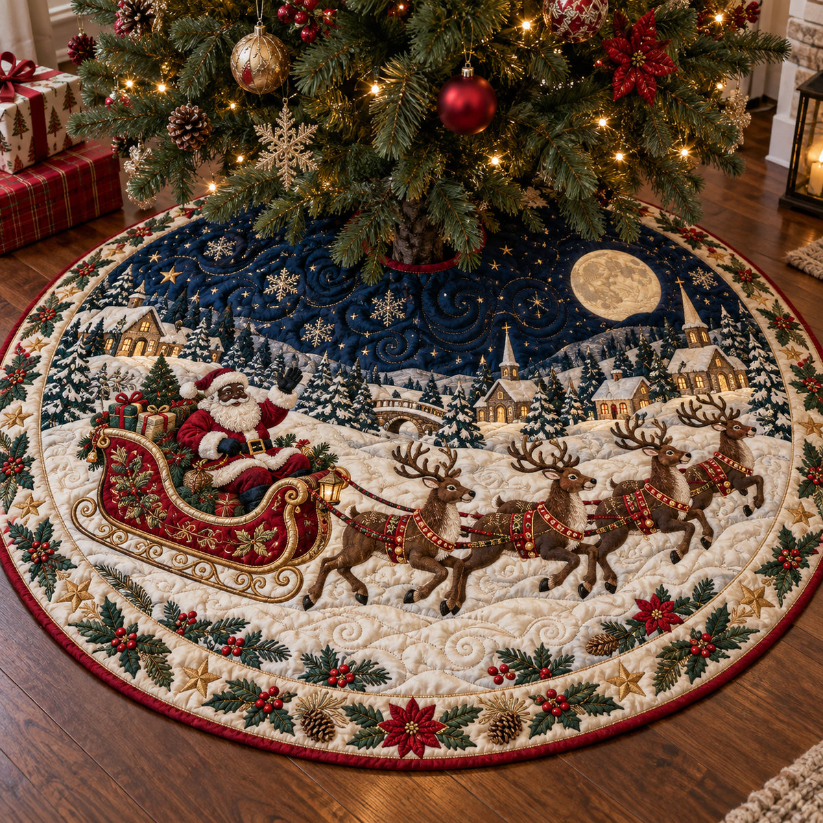 Blue Santa Sleigh Christmas Quilted Tree Skirt SN0TV417