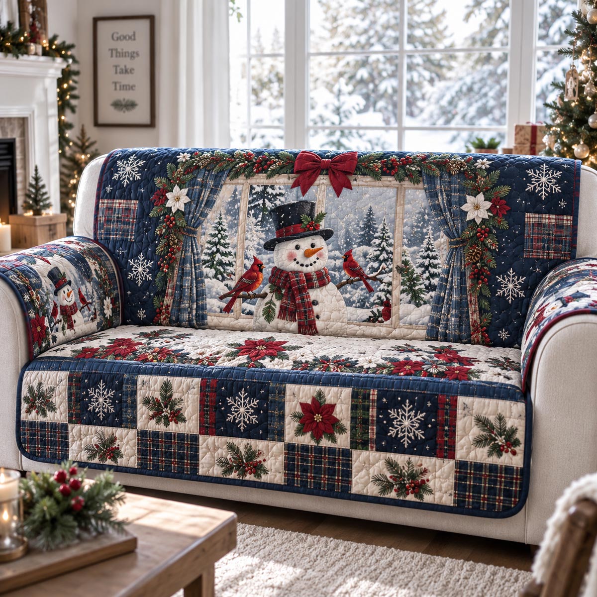 Blue Snowman Forest Quilted Sofa Cover SN0DV640