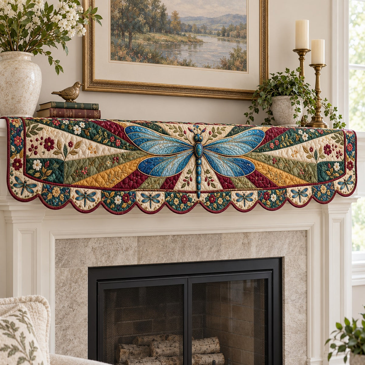 Blue Wing Patchwork Dragonfly Quilted Mantel Scarf SN0TV965