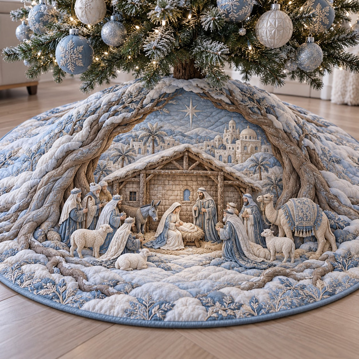 Blue Winter Nativity Quilted Tree Skirt SN0TV1067