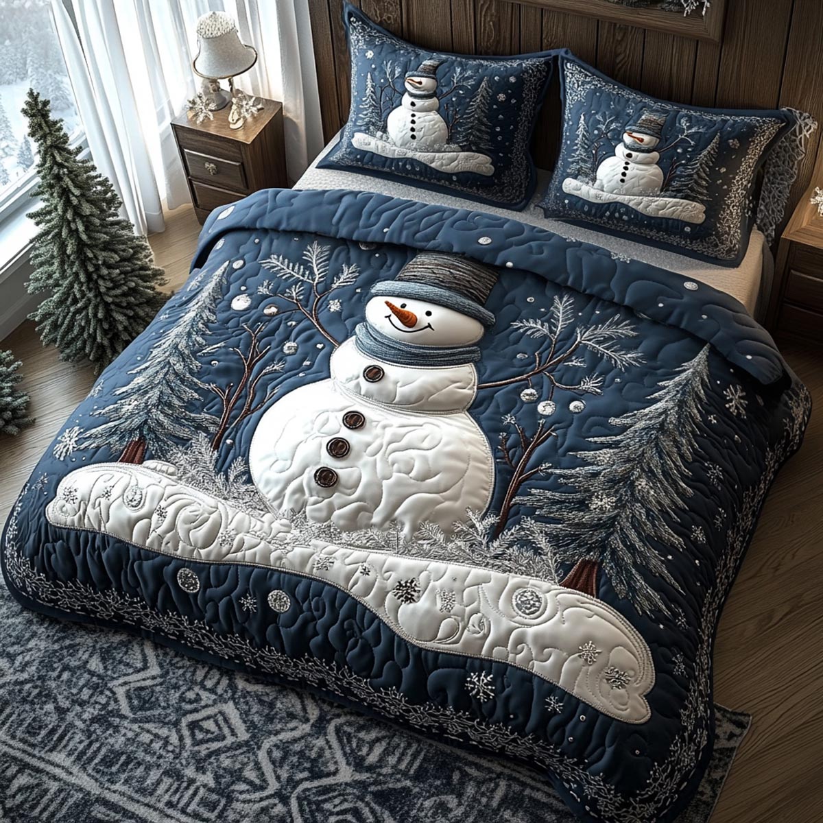 Blue Winter Snowman 3-Piece Quilted Bedding Set SN0DV162