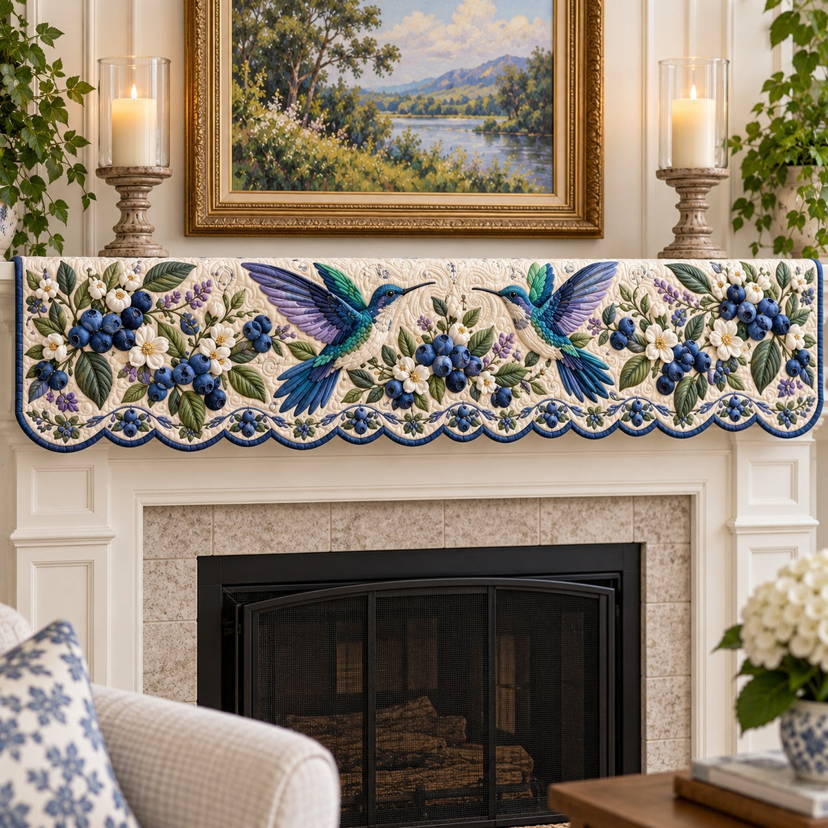 Blueberry Blossom Hummers Quilted Mantel Scarf SN0TV952