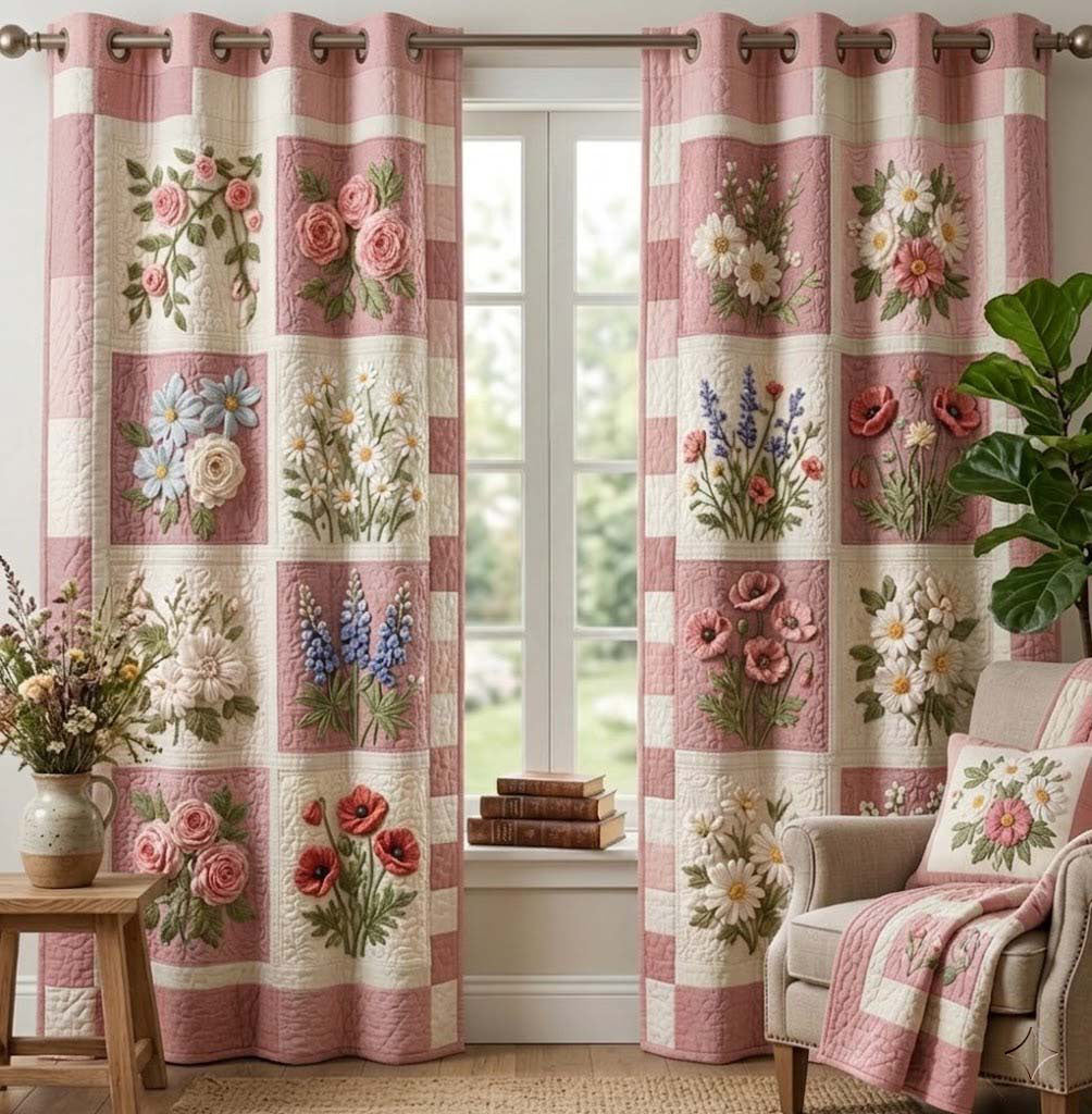 Blush Bouquet Quilted Curtains NCU0QQ338