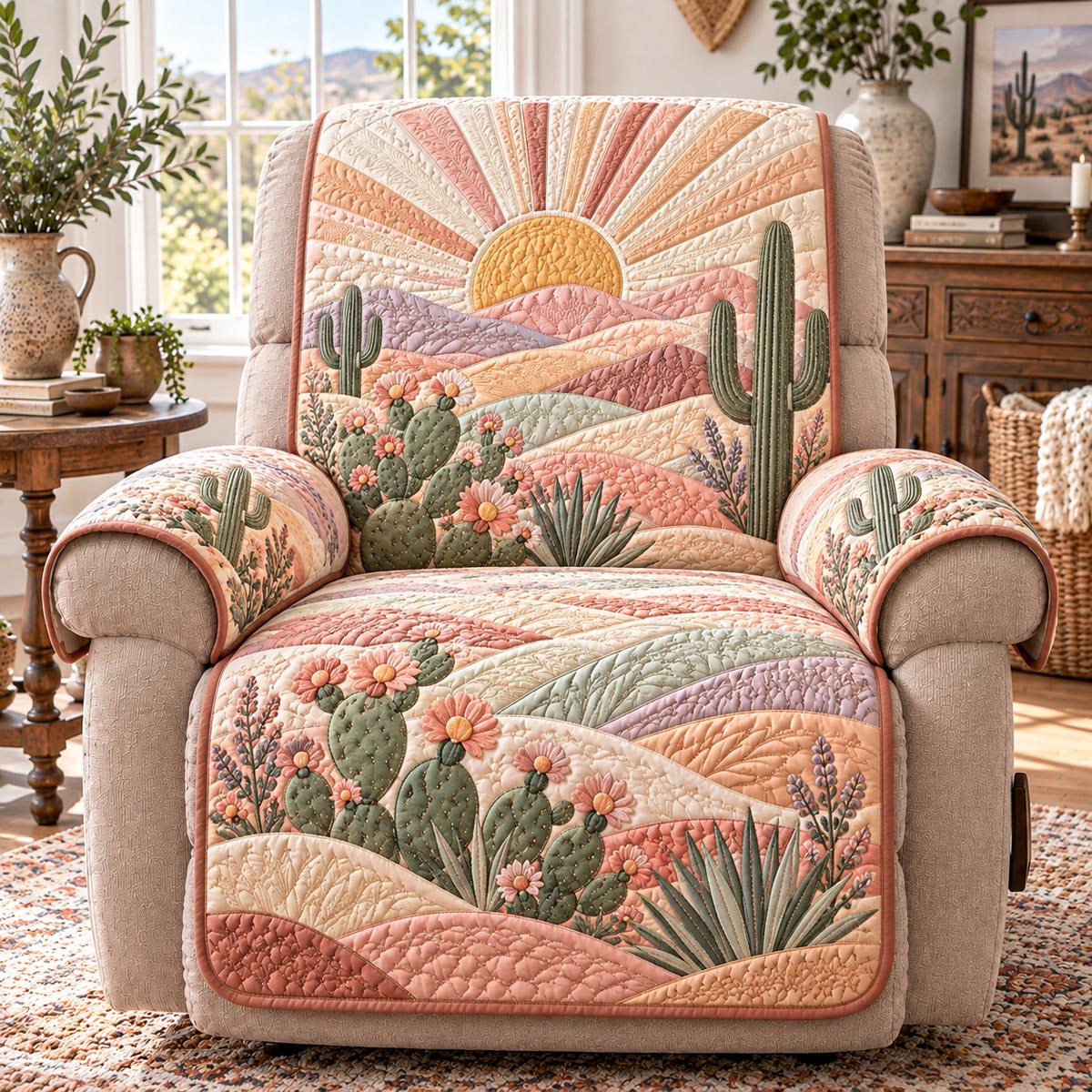 Blush Cactus Dream Quilted Sofa Cover SN0DV1036