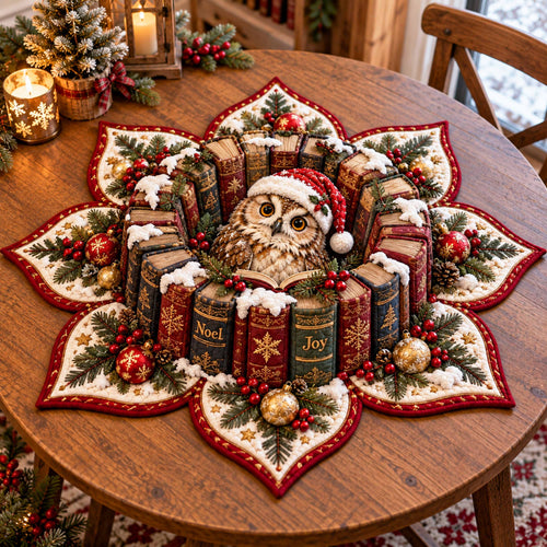 Bookish Owl Custom Shape Quilted Table Topper SN0TD922
