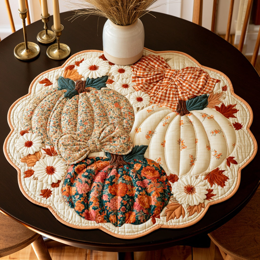 Bow Pumpkins Custom Shape Quilted Table Topper NCU0LV160